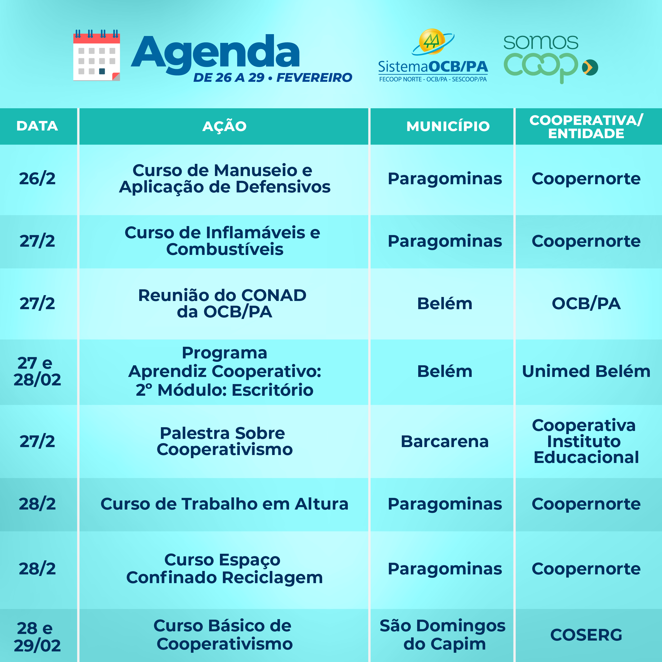 Acompanhe a Agenda da Semana do Sistema OCB/PA