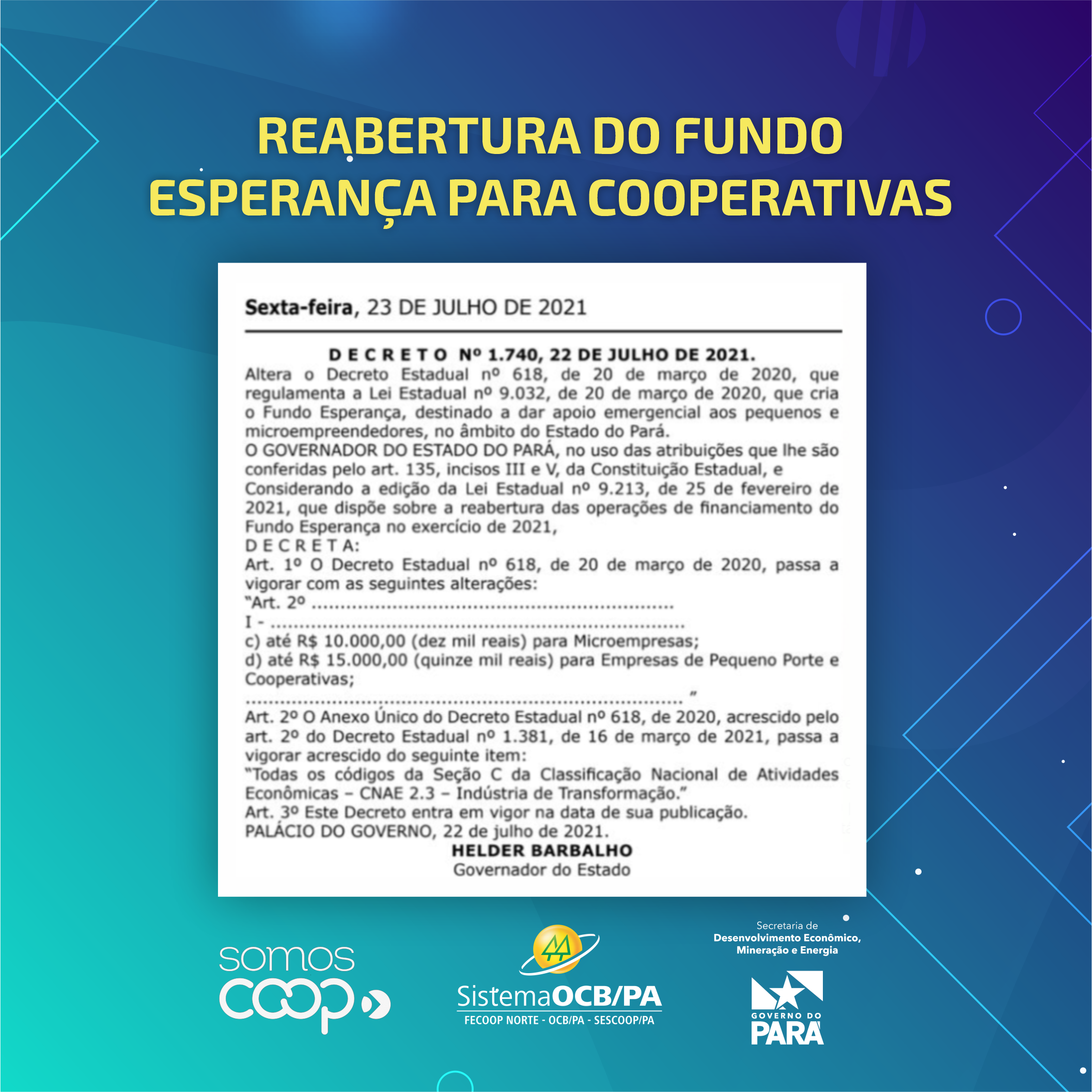 Governo do Estado reabre Fundo Esperança para cooperativas